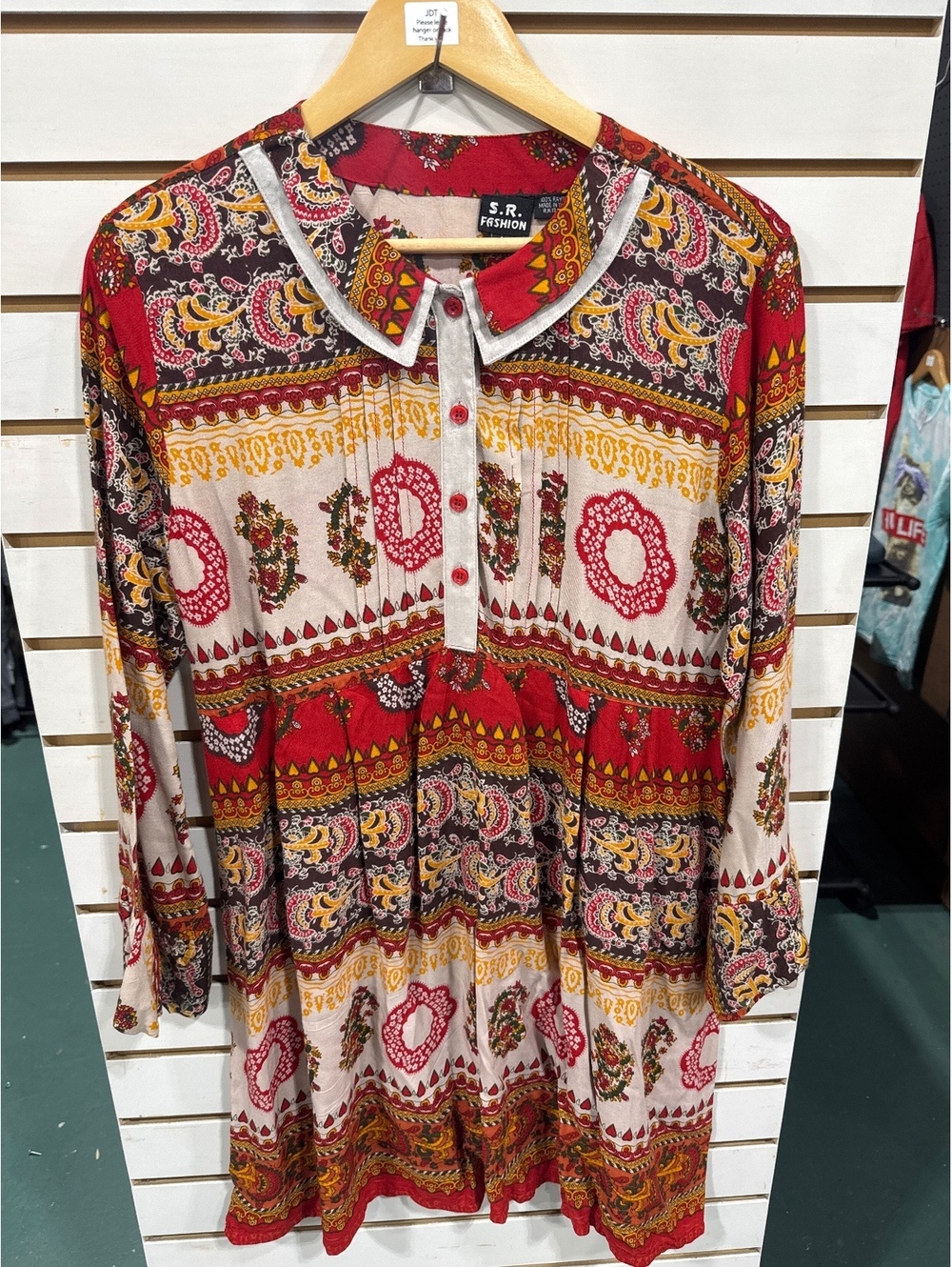 S.R. Fashion Long Sleeve Rayon Dress with Colorful Paisley and Floral Print
